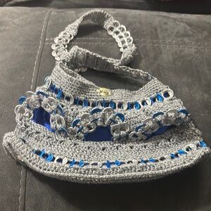 Handmade Crochet Silver Gray Pop‎ Tab Shoulder Bag Purse Unique